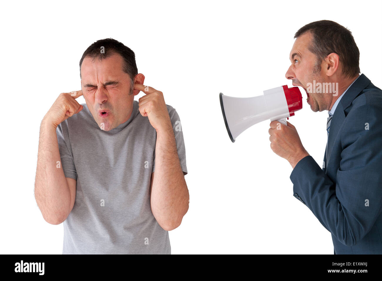 man being yelled at by businessman manager on white Stock Photo - Alamy