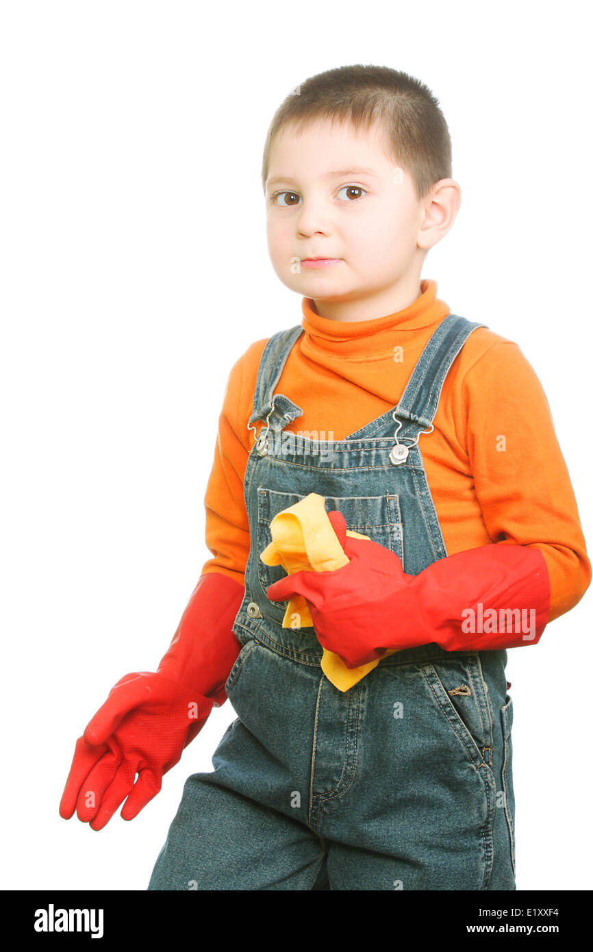 Boy in red rubber gloves Stock Photo Alamy