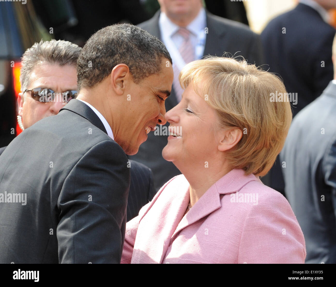 German chancellor Angela Merkel welcomes US president Barack Obama in Baden-Baden on the 3rd of April in 2009, where the NATO summit will take place. Stock Photo