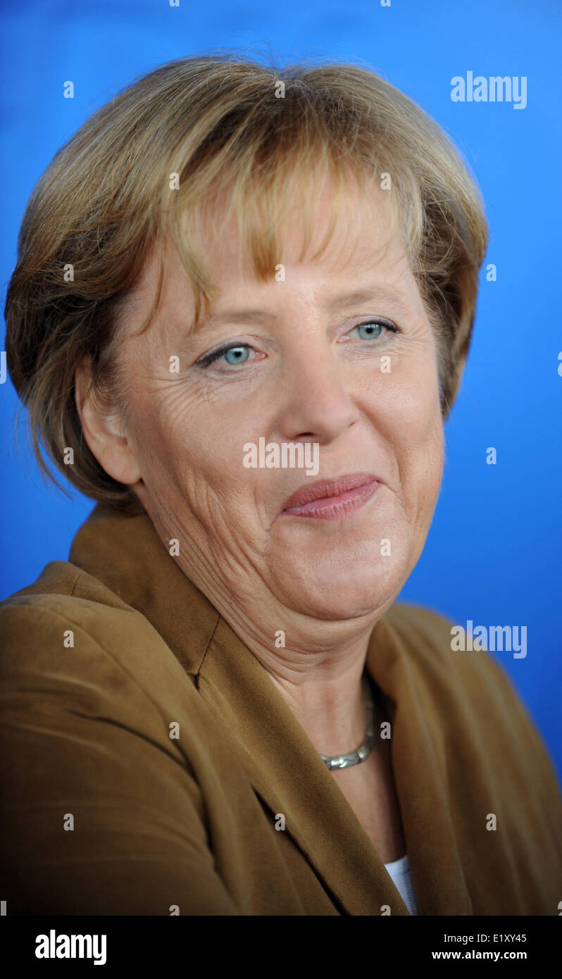German chancellor Angela Merkel smiles at participants of an election campaign in Stralsund on the 5th of September in 2009. Stock Photo