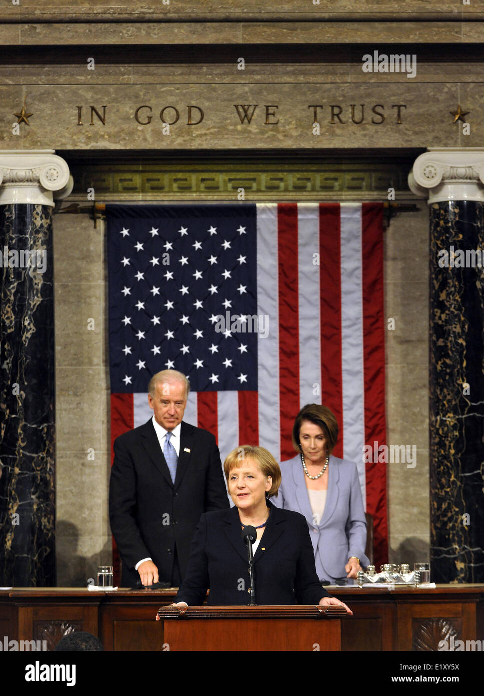 Chancellor Angela Merkel (CDU) gives a speech in front of the American congress. Behind her are vice president Joe Biden (l) and spokesperson of the House of Representatives Nancy Pelosi (r). Foto: Foto: Bundesregierung/Steffen Kugler Pool    (c) dpa - Report    Stock Photo