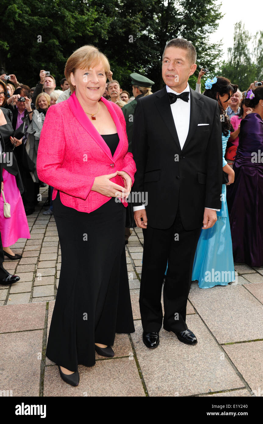 German chancellor Angela Merkel and her husband Joachim Sauer arrive at the Richard Wagner Festival in Bayreuth on the 25th of July in 2011. Stock Photo