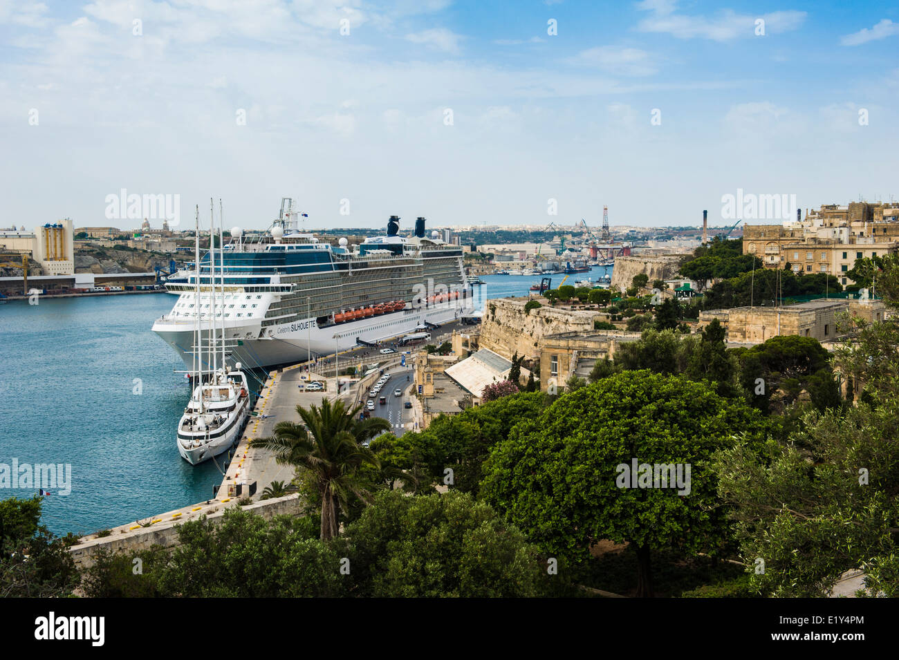 A cruise ship docked at the cruise terminal of Valletta, Malta. Stock Photo