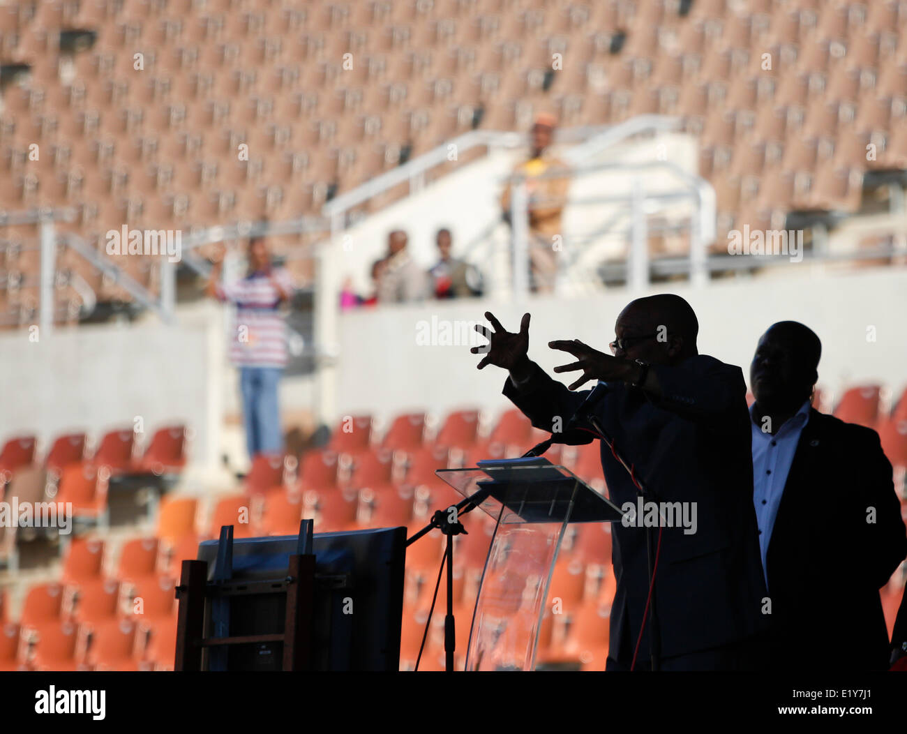 President Zuma addresses the crowd at the COSATU/ANC May Day celebrations at Peter Mokaba stadium, Polokwane on 1 May 2014. Stock Photo