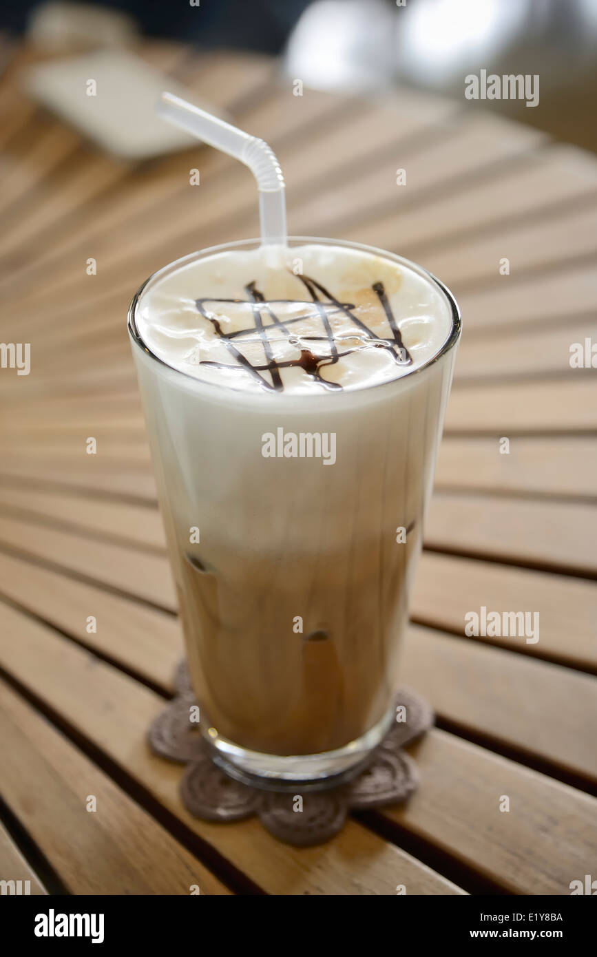 cup of cafe mocha coffee on a wooden table Stock Photo