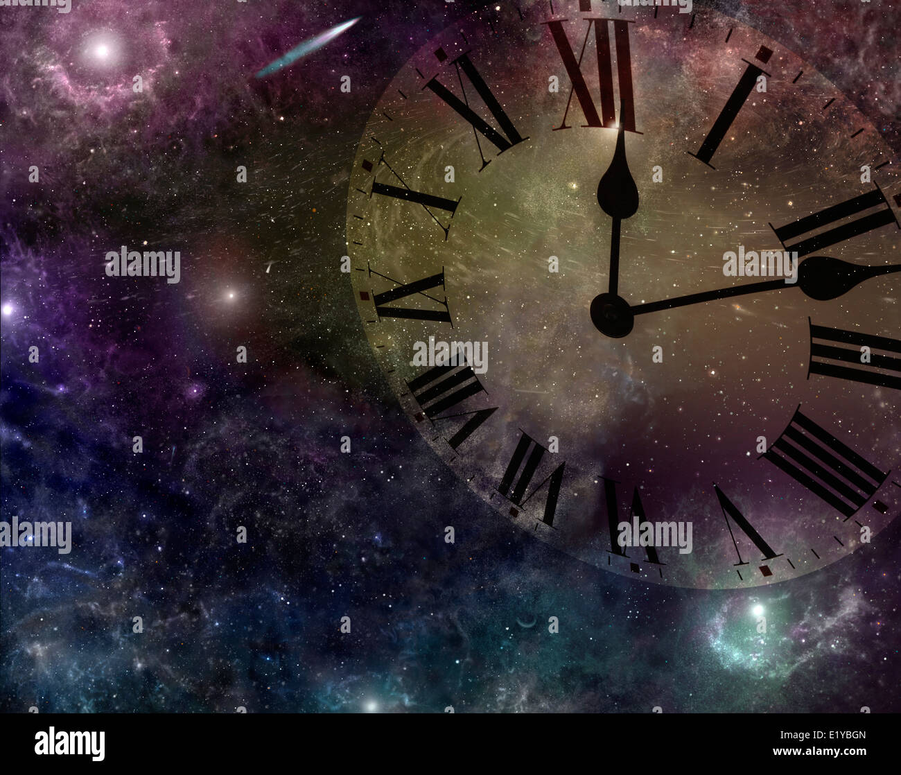 Deep Space background with transparent clock face Stock Photo
