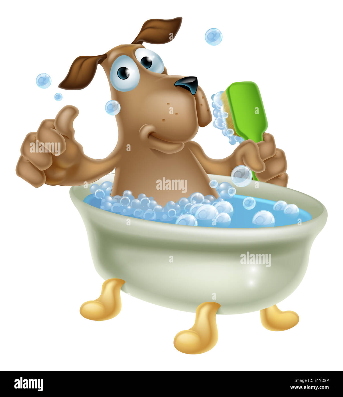 An illustration of a cute cartoon dog mascot character having a bath in a bubble bath with back scrubber Stock Photo