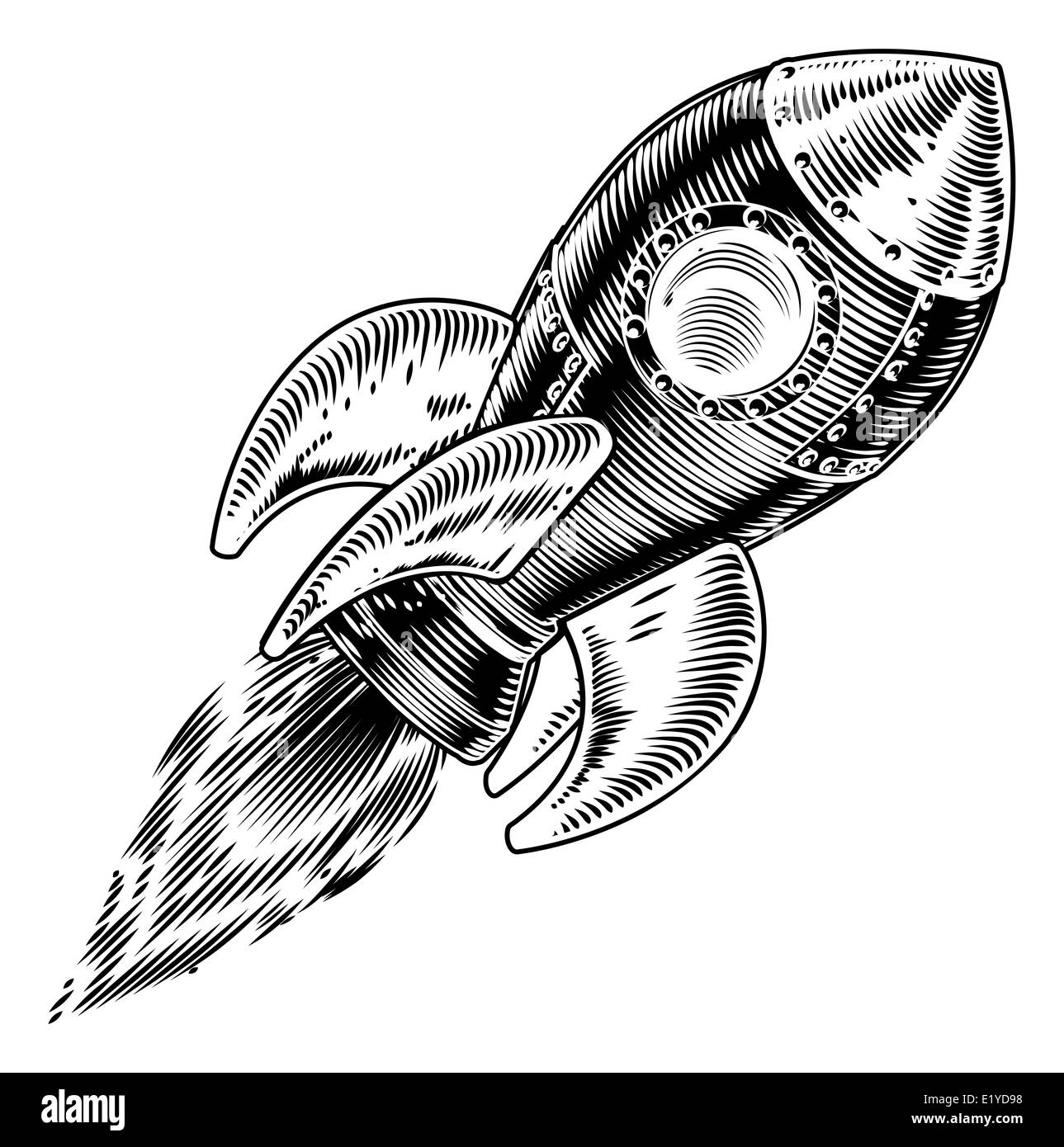 Illustration of a vintage retro style rocket ship or space ship flying through the air Stock Photo