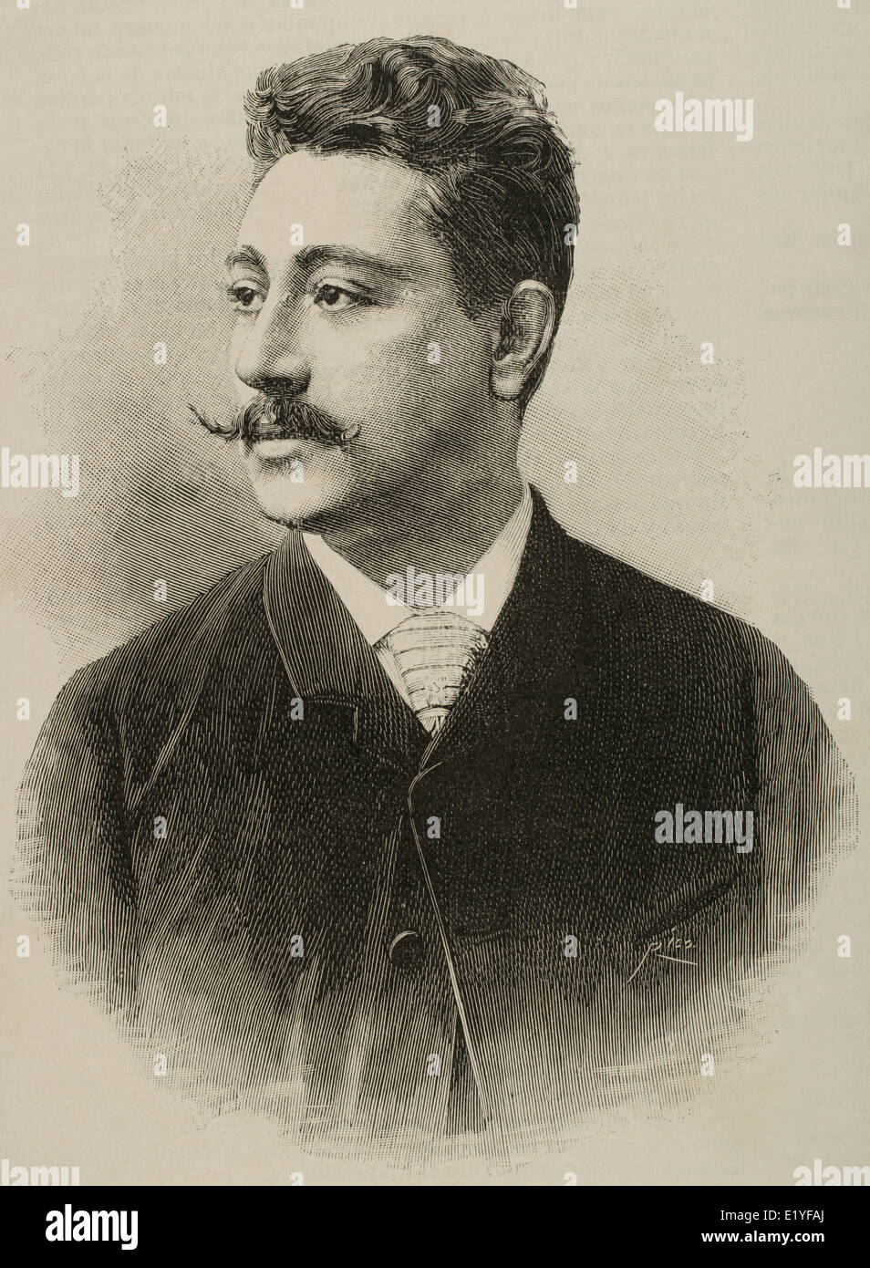 Benedicto Lucignani (b. 1861). Italian tenor. Engraving by Rico. La Ilustracion Espanola y Americana, 1880. Stock Photo