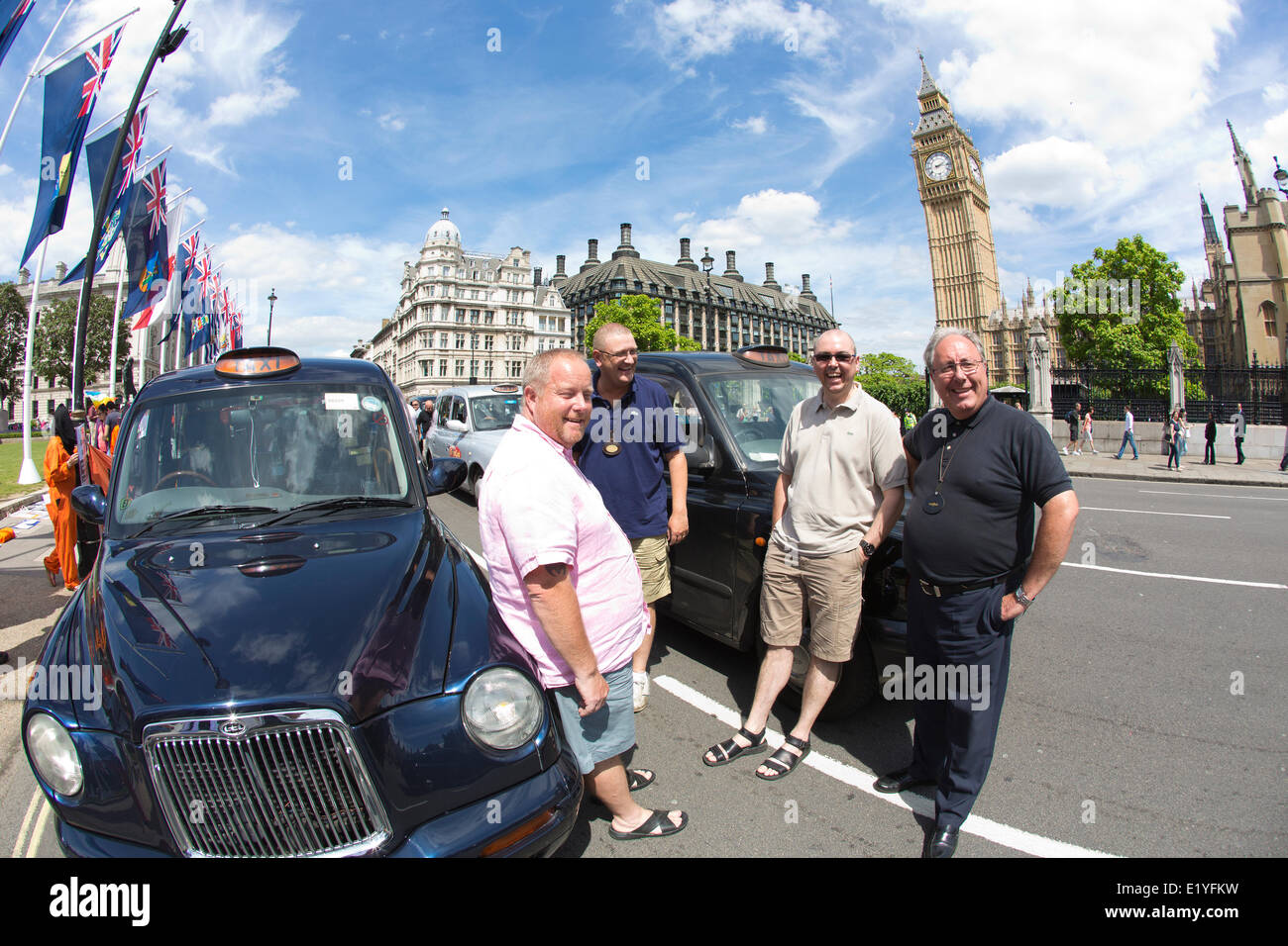 Whitehall, London, UK. 11th June 2014.  Drivers of London black cabs bring traffic to a standstill in the area around Trafalgar Square, the Houses of Parliament and government buildings on Whitehall in a protest against the Uber app-based service Credit:  Clickpics/Alamy Live News Stock Photo