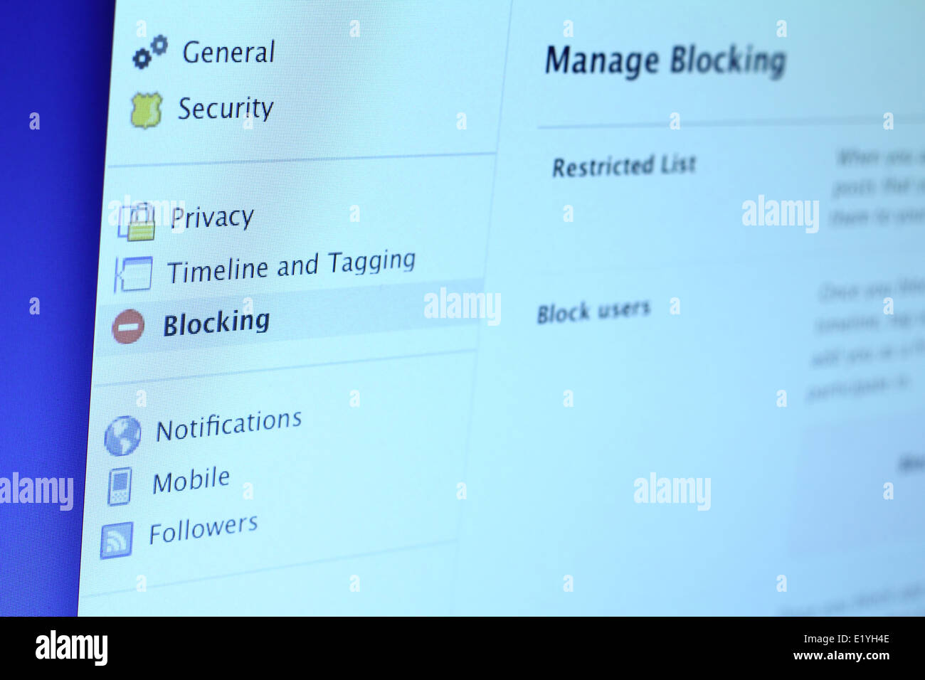 Photo of Facebook block accout settings. As of today, Facebook is the largest social media network on the web Stock Photo