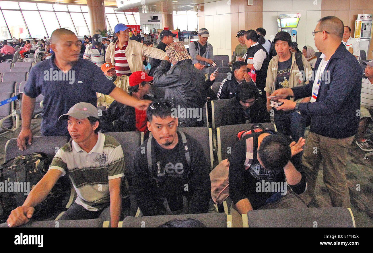 The 41 Overseas Filipino Workers from Libya arrived at Ninoy Aquino International Airport, Philippines this afternoon  on board in Emirates Airline Flight EK 332. And they  are forced to return to the Philippines due to arm conflict in the said country. (Photo Wilfredo Clamor/Pacific Press) Stock Photo