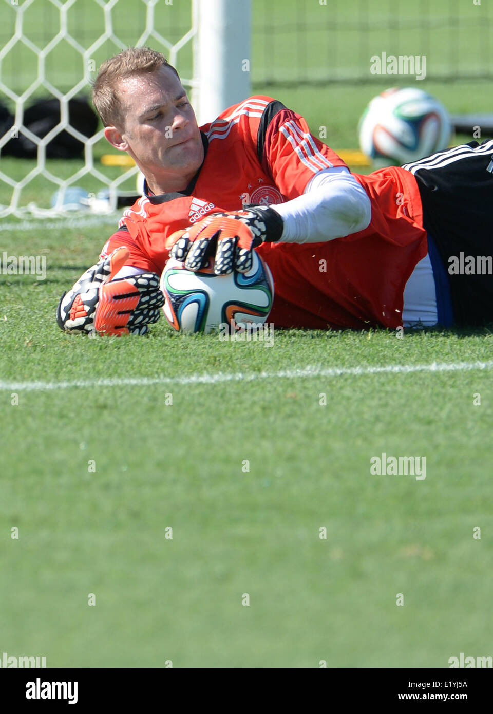 Goalkeeper Manuel Neuer of the German national soccer team in action during a training session in Santo Andre in Brazil, 11 June 2014. The FIFA World Cup 2014 will take place in Brazil from 12 June to 13 July 2014. Photo: Andreas Gebert/dpa Stock Photo
