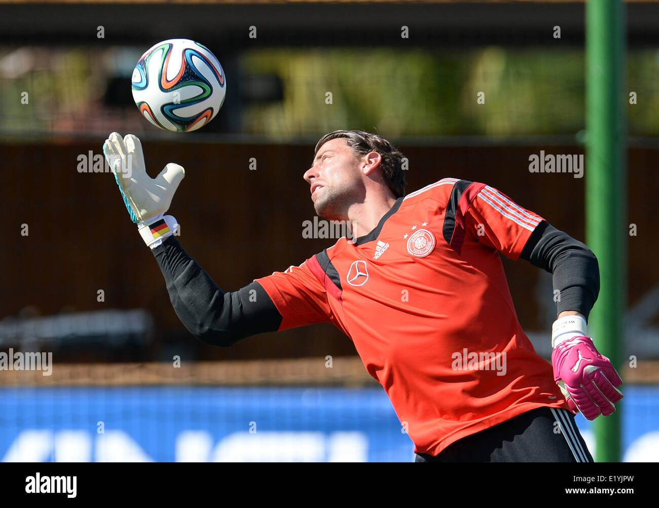 Goalkeeper Roman Weidenfeller of the German national soccer team in action during a training session in Santo Andre in Brazil, 11 June 2014. The FIFA World Cup 2014 will take place in Brazil from 12 June to 13 July 2014. Photo: Andreas Gebert/dpa Stock Photo