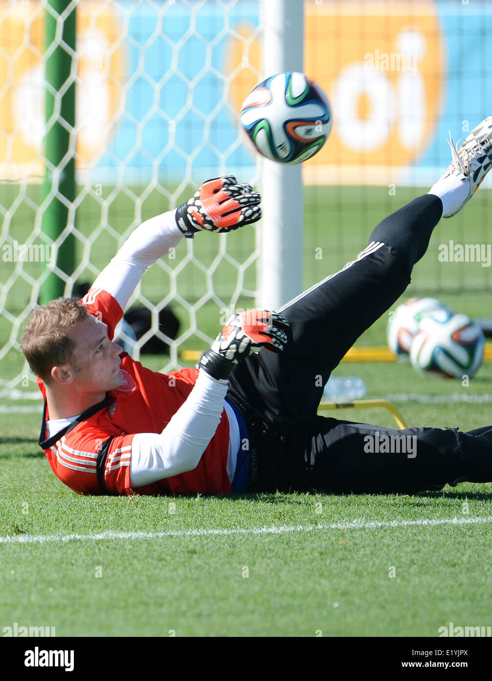 Goalkeeper Manuel Neuer of the German national soccer team in action during a training session in Santo Andre in Brazil, 11 June 2014. The FIFA World Cup 2014 will take place in Brazil from 12 June to 13 July 2014. Photo: Andreas Gebert/dpa Stock Photo
