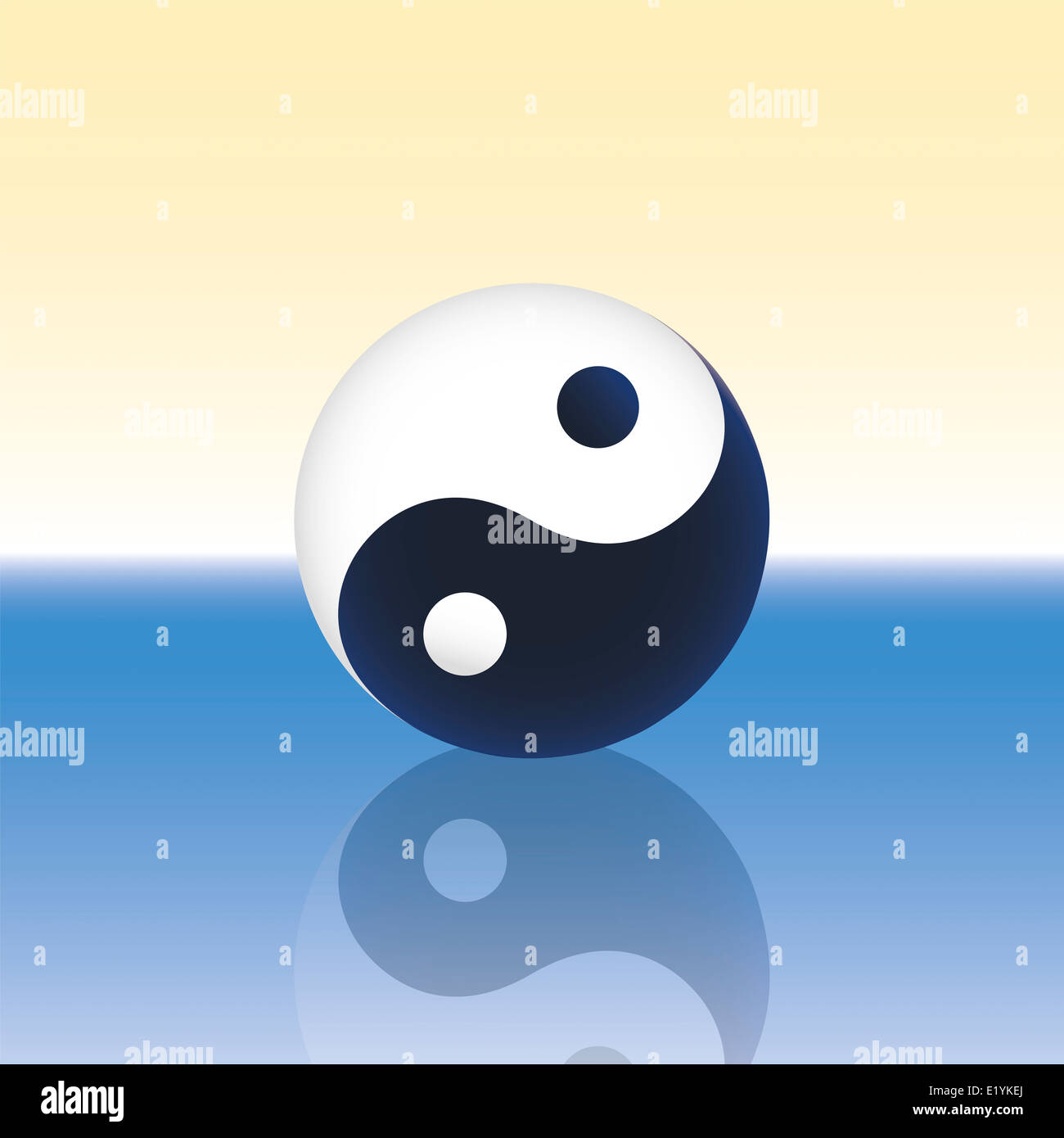Yin Yang symbol - three-dimensional shape - floating calmly over the water surface of the blue sea. Stock Photo