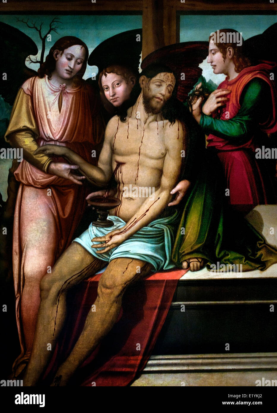 CHRIST ON THE GRAVE WITH THREE ANGELS Master of Alzira (Valencia 16th cent ) Spain Spanish Stock Photo