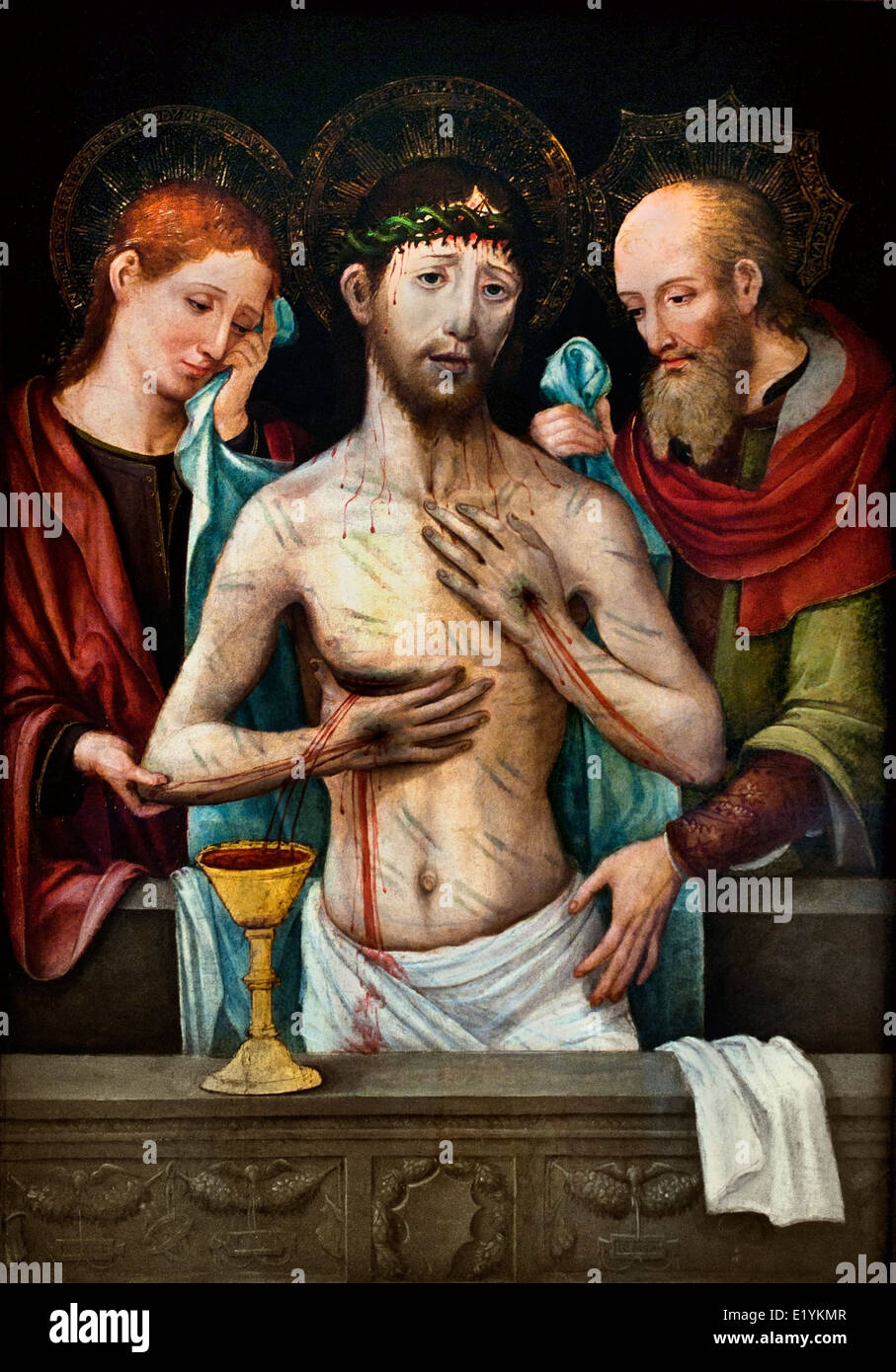 Patient Christ with St. John the Evangelist Joseph of Arimathea by Vicent Macip 1475-1550 Medieval Gothic Art Spain Spanish Stock Photo