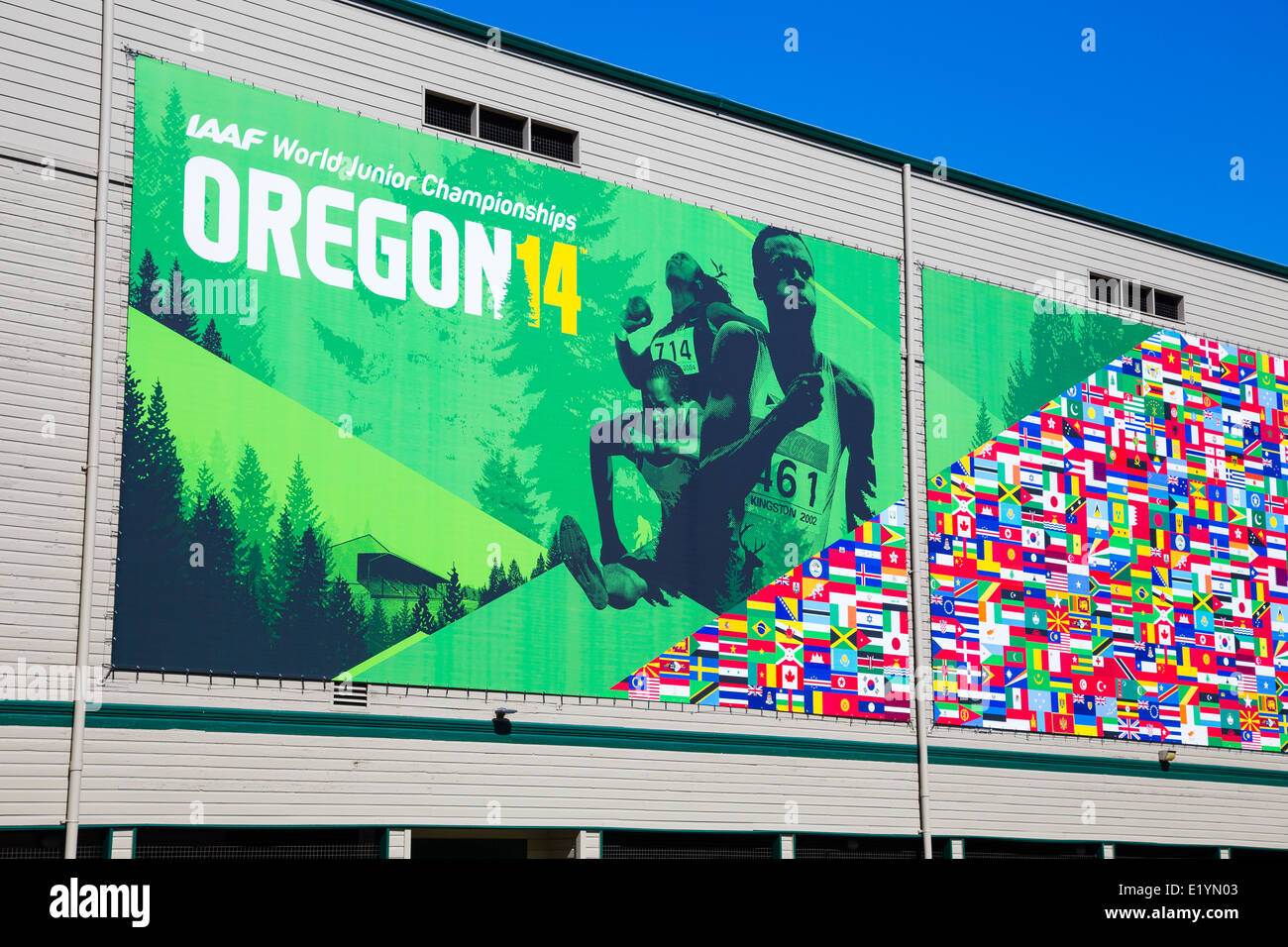 Eugene, OR, USA - June 5, 2014: 2014 IAAF World Junior Championships advertisement located on the grandstand at Hayward Field. Stock Photo