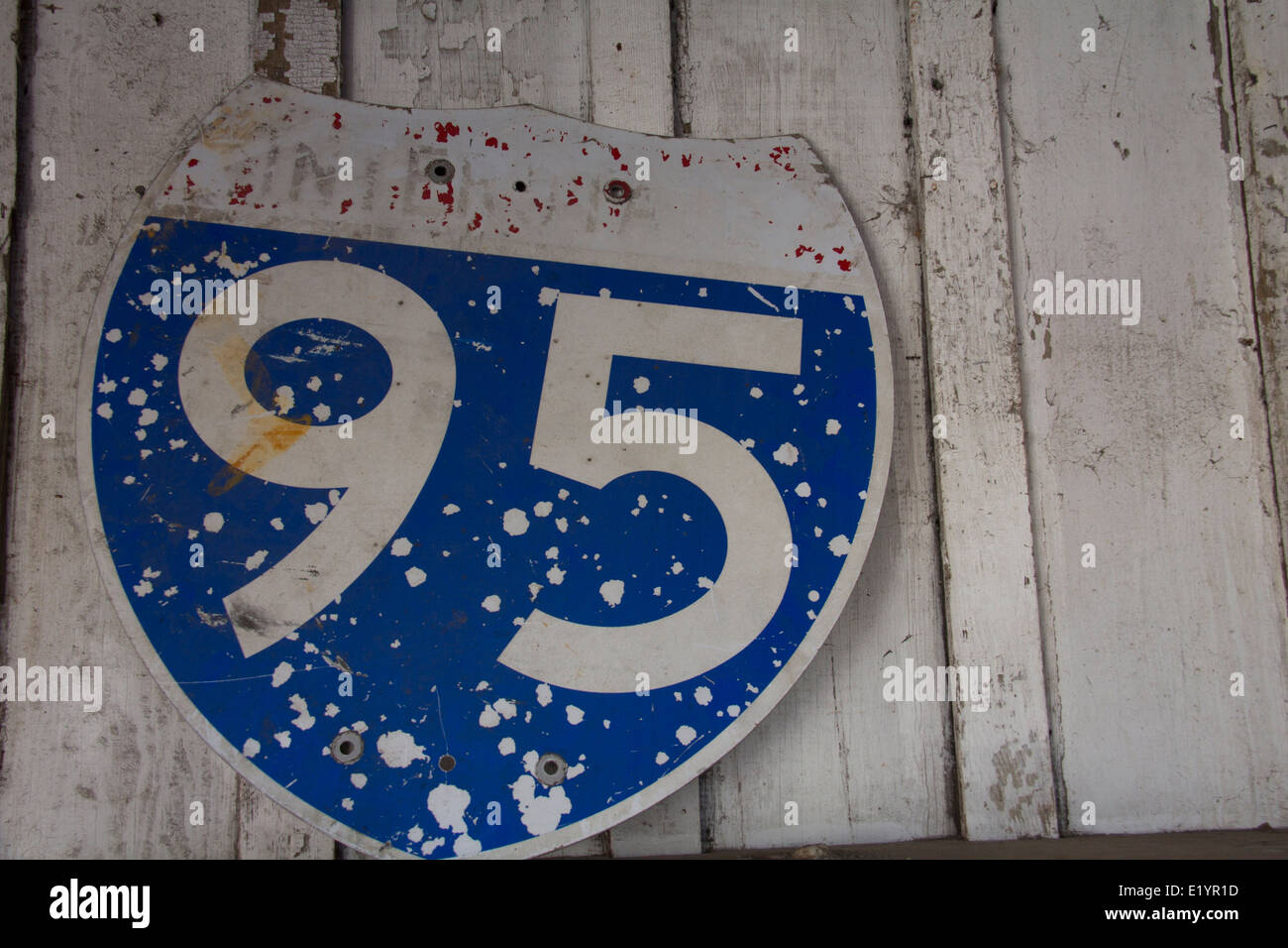 A souvenir road sign from Florida's I-95, seen in DeLand, FL. Stock Photo