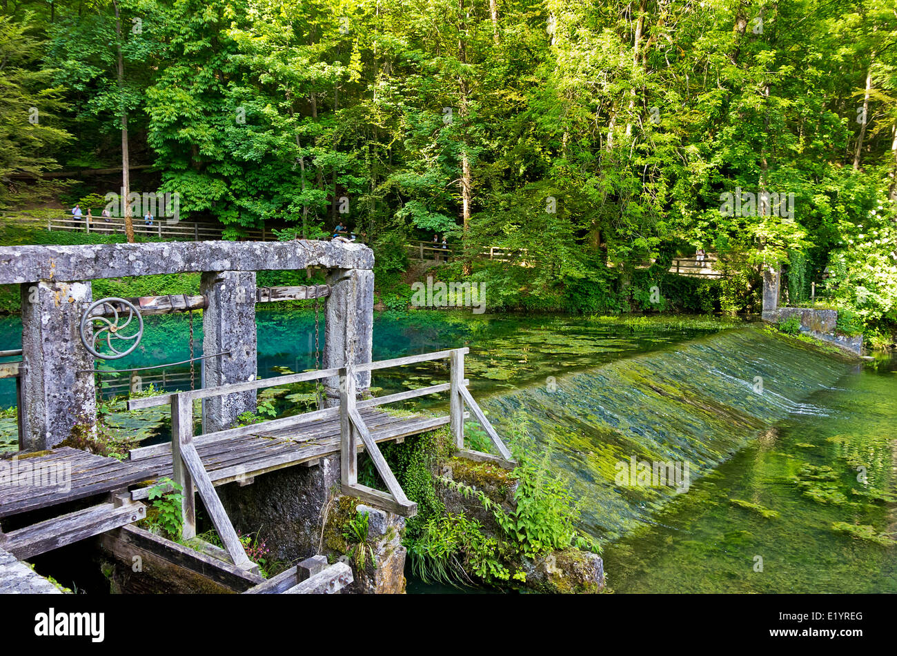 View of the spring and weir of the river Blau, Germany. Stock Photo