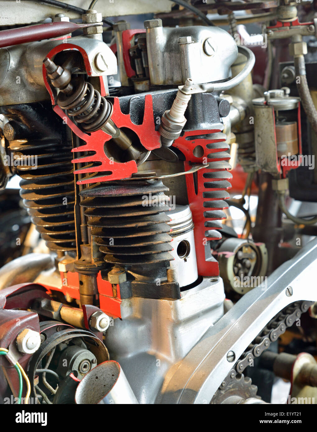 View of internal workings of a four Cycle Vincent Twin Motorcycle engine Stock Photo
