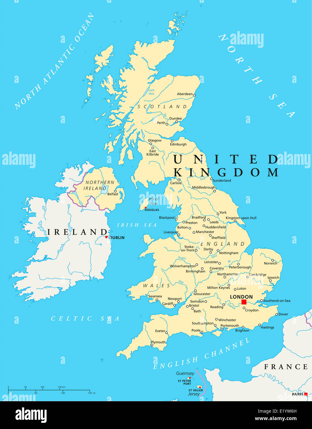 United Kingdom Political Map with capital London, national borders, most important cities, rivers and lakes. English labeling. Stock Photo