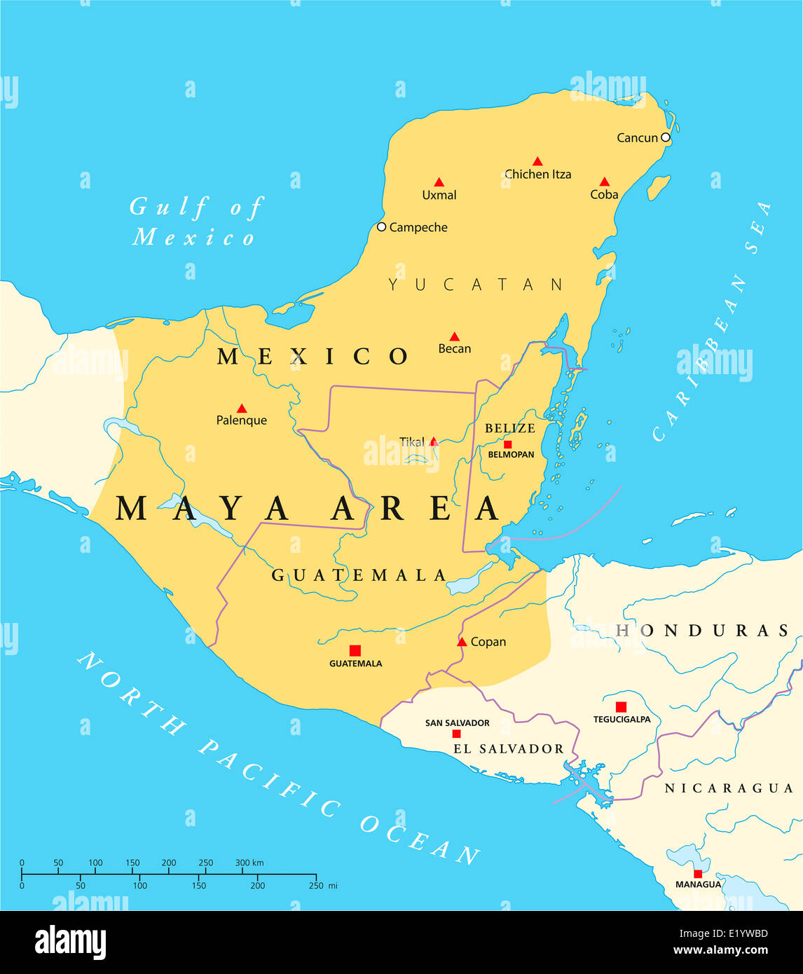 Maya High Culture Area Map - Political map with capitals, national borders, most important ancient cities, rivers and lakes. Stock Photo