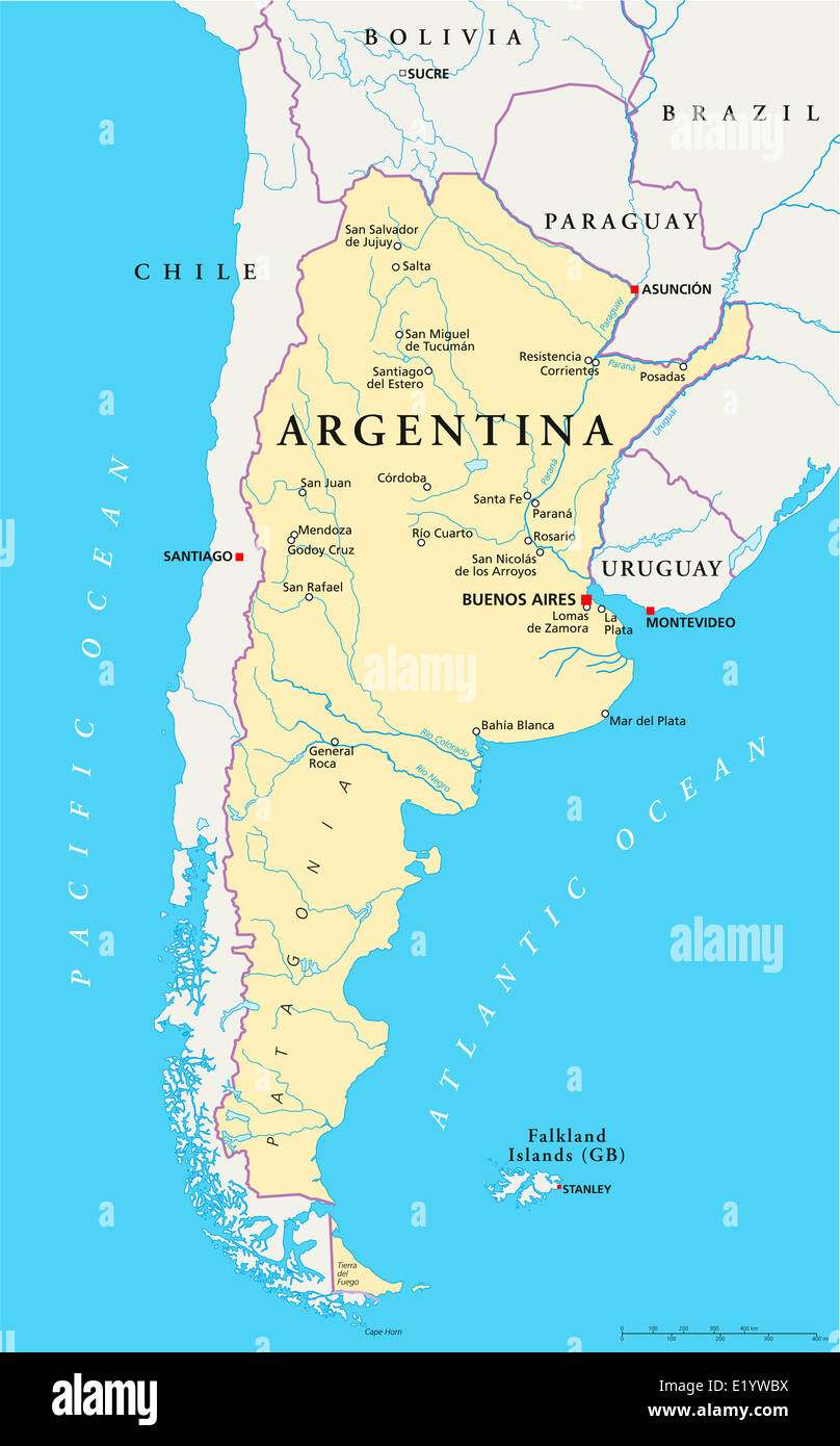 Argentina Political Map with capital Buenos Aires, national borders, most important cities, rivers and lakes. English labeling. Stock Photo