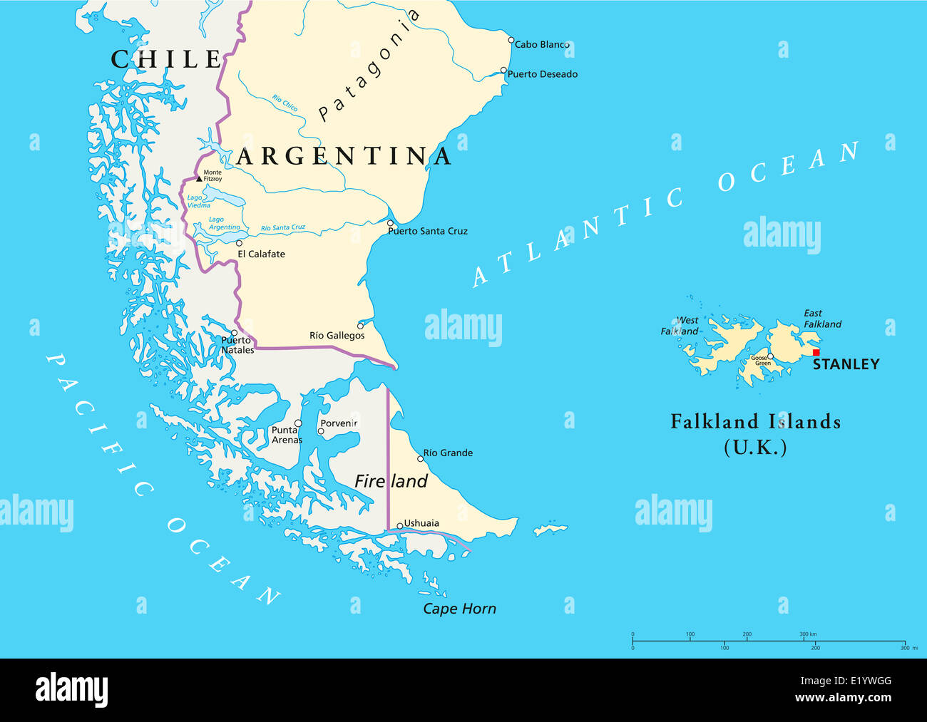 Falkland Islands Political Map And Part Of South America With National E1YWGG 