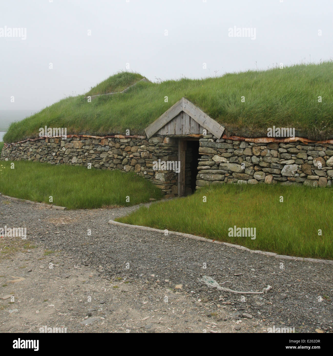 Replica viking longhouse Haroldswick Unst Shetland Scotland June 2014