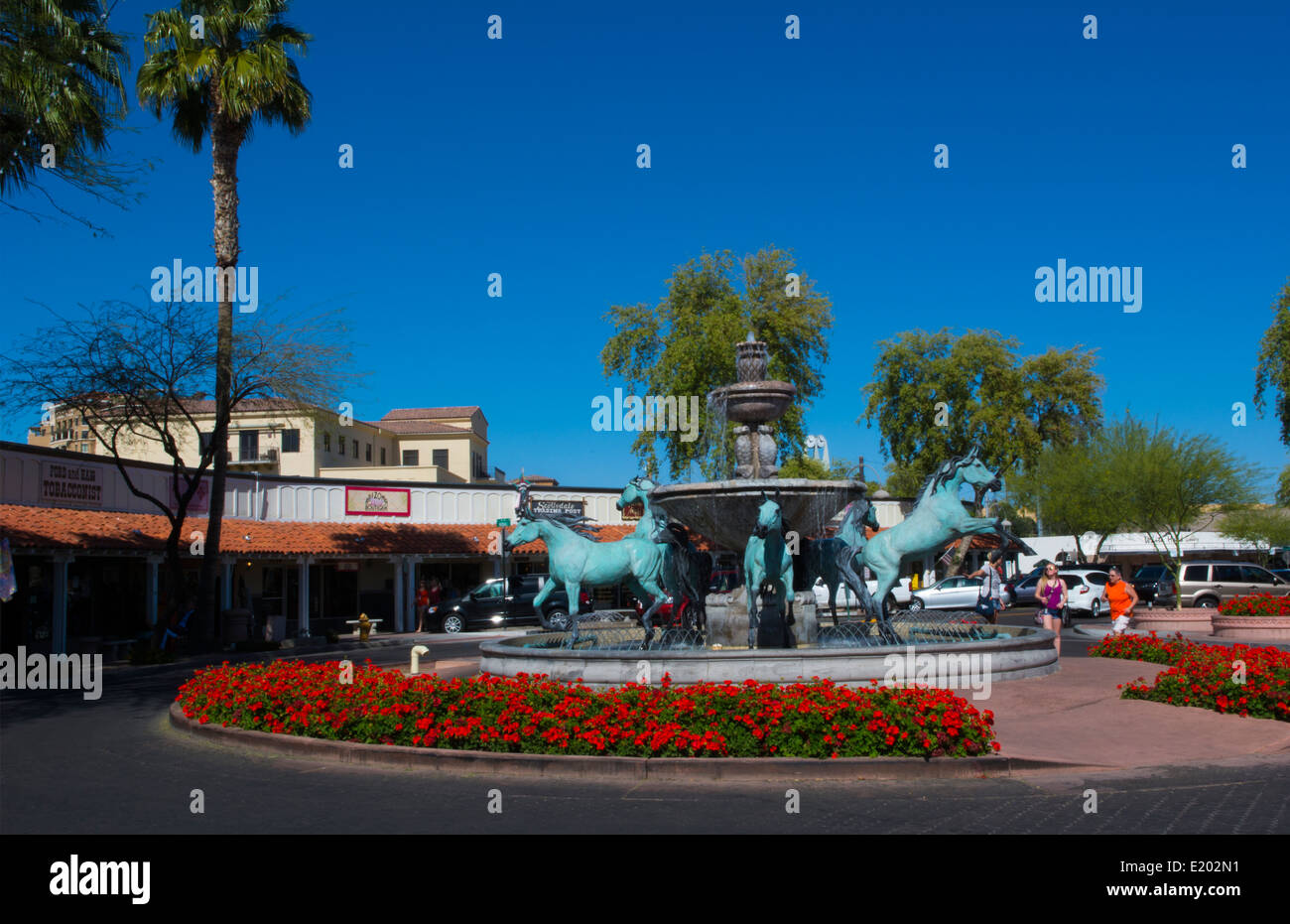 Old Scottsdale Arizona horse statue fountain tourist area 5th Avenue and Marshall Way near