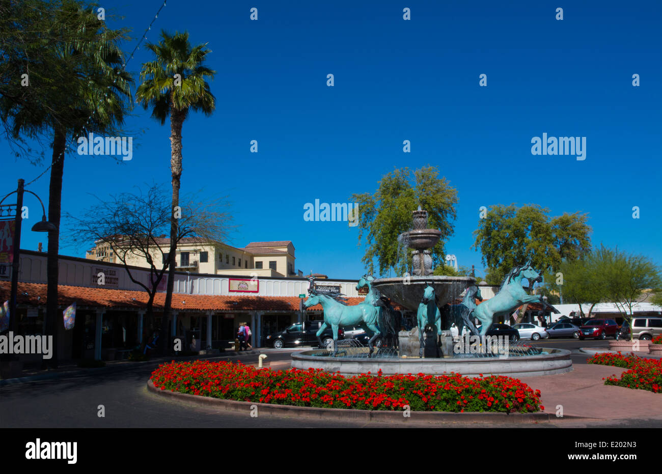 Old Scottsdale Arizona horse statue fountain tourist area 5th Avenue and Marshall Way near