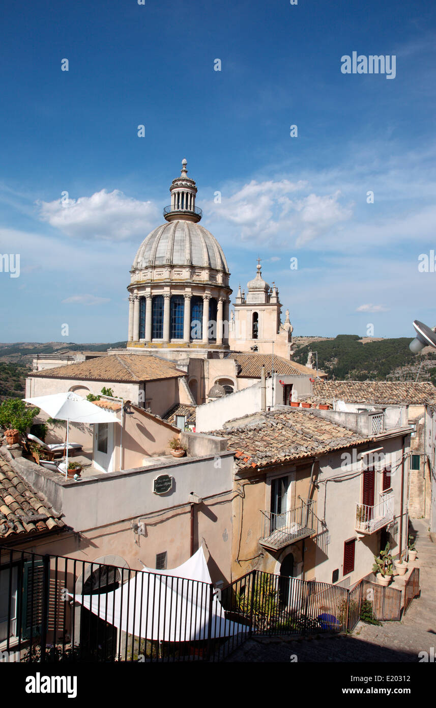 Ragusa Ibla townscape showing San Giorgio Cathedral and the rooftop terrce of a B&B Stock Photo