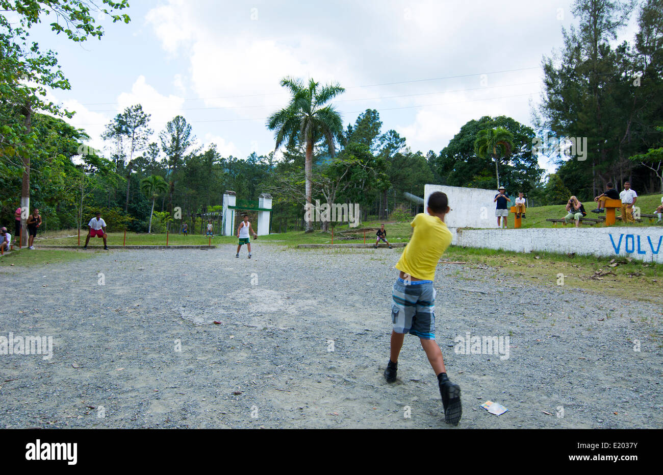 Cuba school in Las Terrazas in Sierra del Rosario in the mountains with boys playing baseball Stock Photo