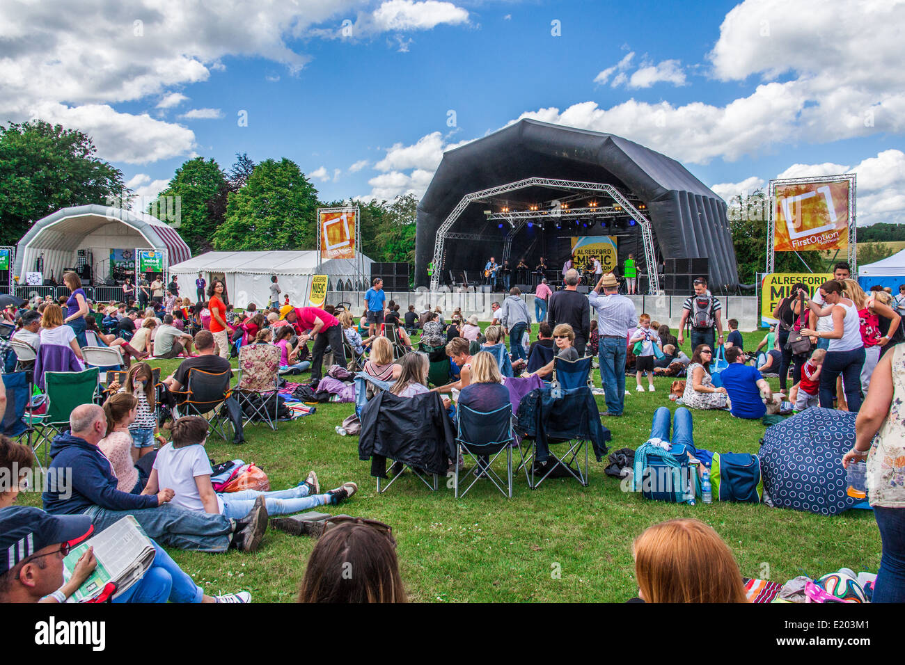 Main stage at the Alresford Music Festival, Arlebury park, Alresford, Hampshire England 2014 Stock Photo