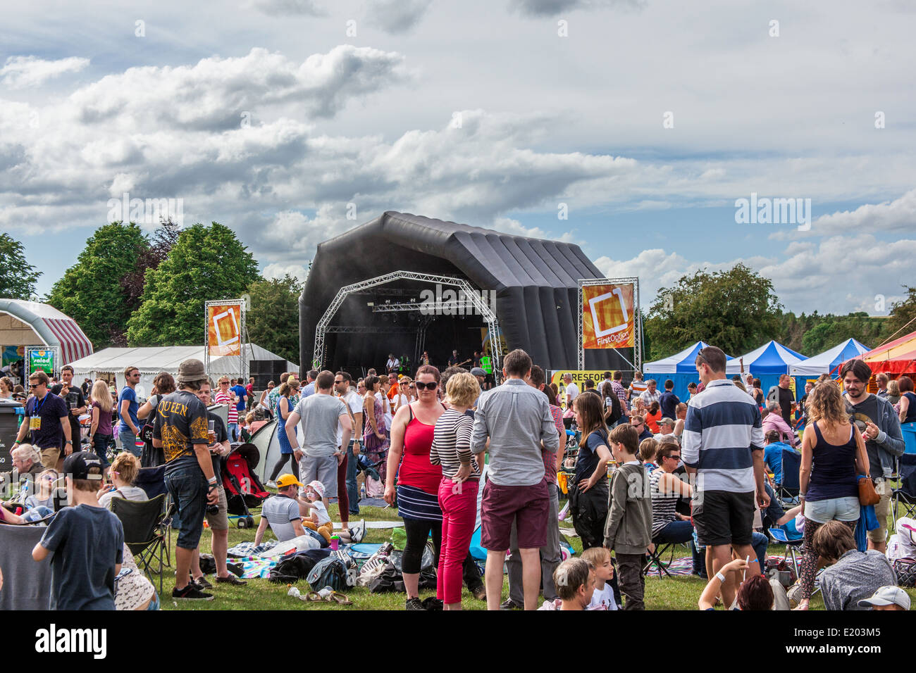 Main stage at the Alresford Music Festival, Arlebury park, Alresford, Hampshire England 2014 Stock Photo