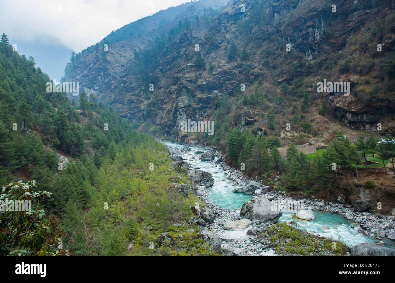 Nepal Himalayas the Khumbu River south from through a gorge in Solukhumbu remote Mt Everest Stock Photo