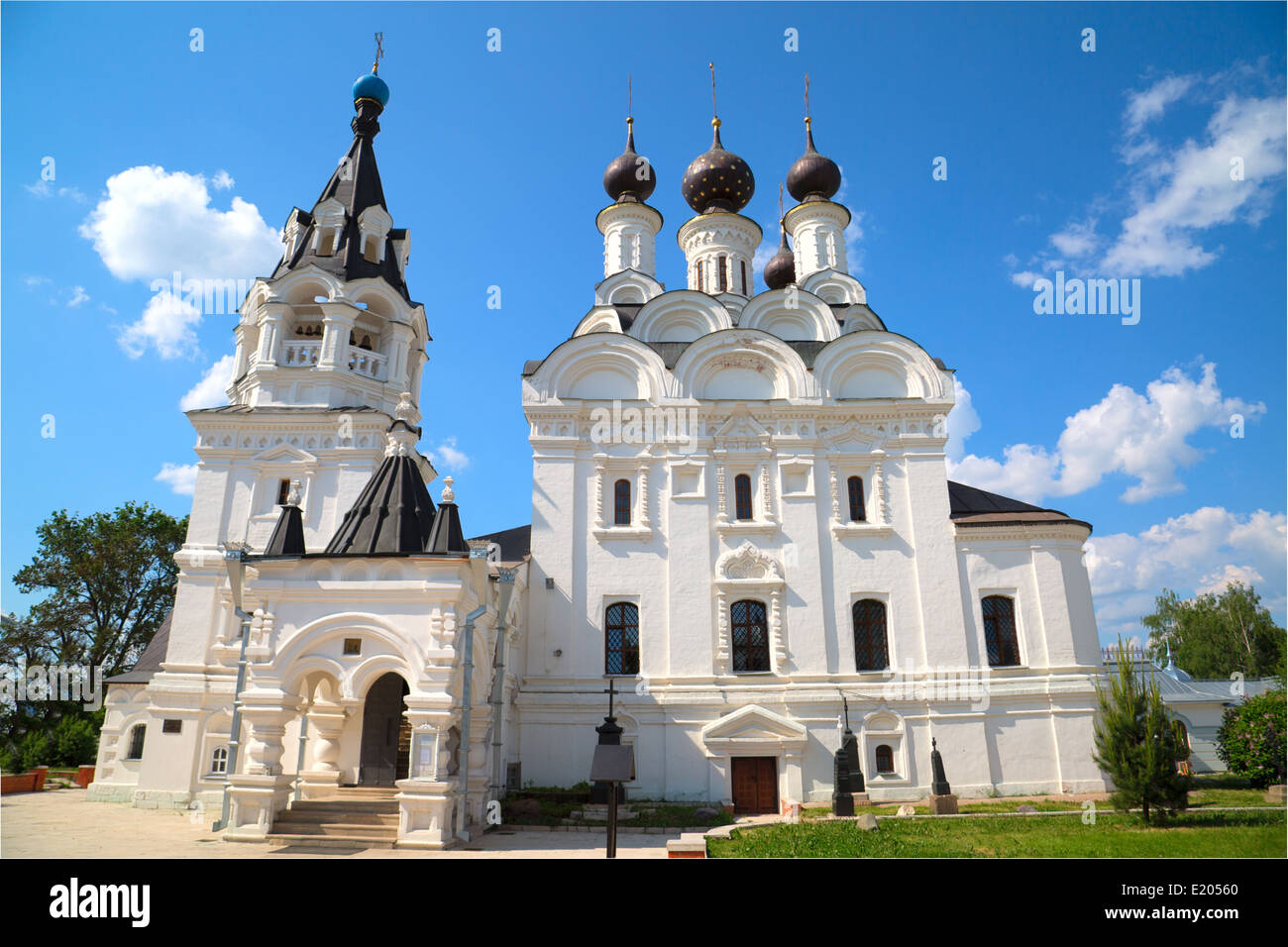 white Church with black domes in women's monastery in sunny day Stock ...