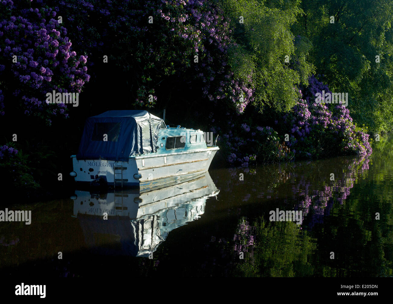Reflections of a small boat on the Rochdale Canal at Hebden Bridge, Calderdale, West Yorkshire, England UK Stock Photo