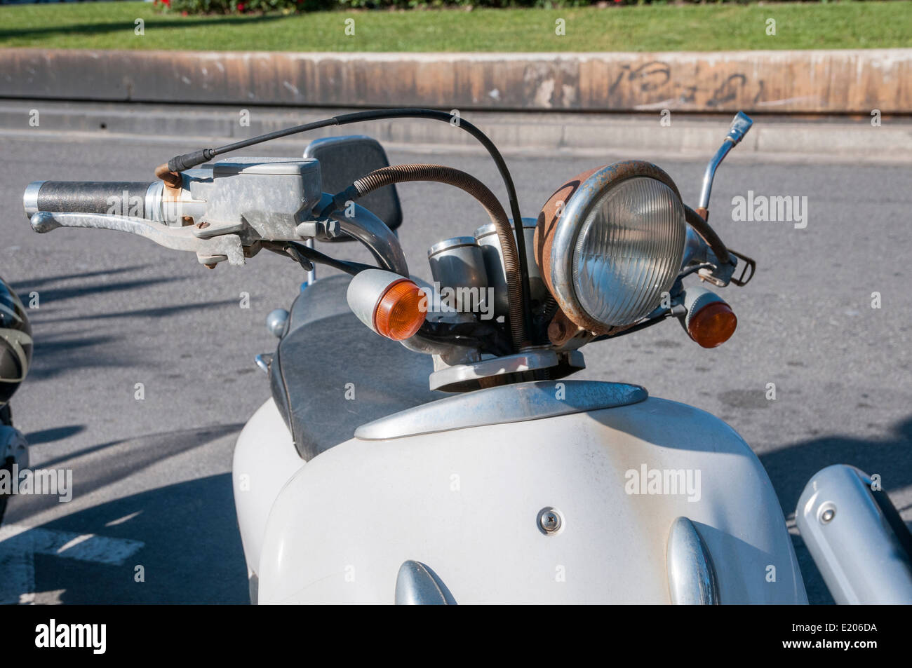 antique motorcycle parked in the parking Stock Photo