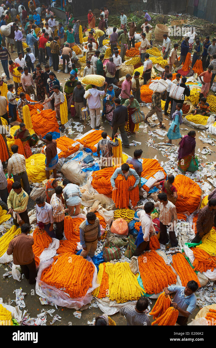 India, West Bengal, Kolkata, Calcutta, Mullik Ghat flower market Stock Photo