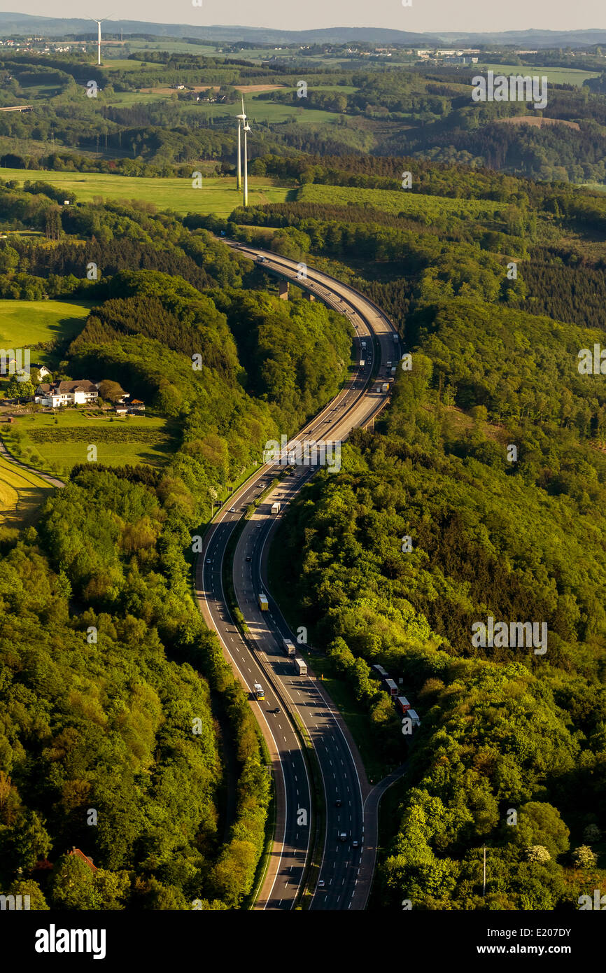 Aerial view, 'Sauerlandlinie', A45 motorway, near Emst, Hagen, North Rhine-Westphalia, Germany Stock Photo