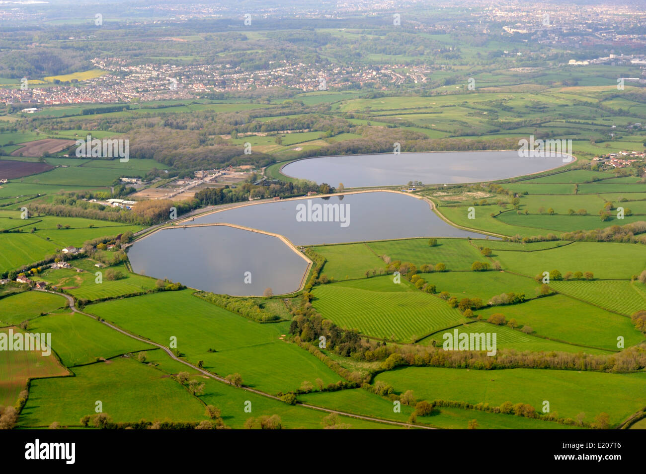Aerial view Barrow Gurney Reservoir tanks 1, 2 and 3 and farm land