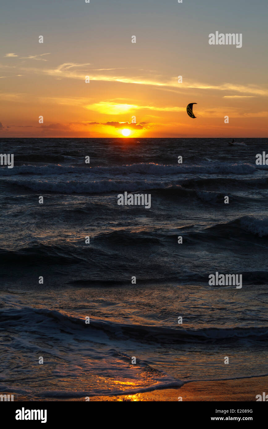 Kitesurfer at sunset, Baltic Sea, Wustrow, Mecklenburg-Western Pomerania, Germany Stock Photo
