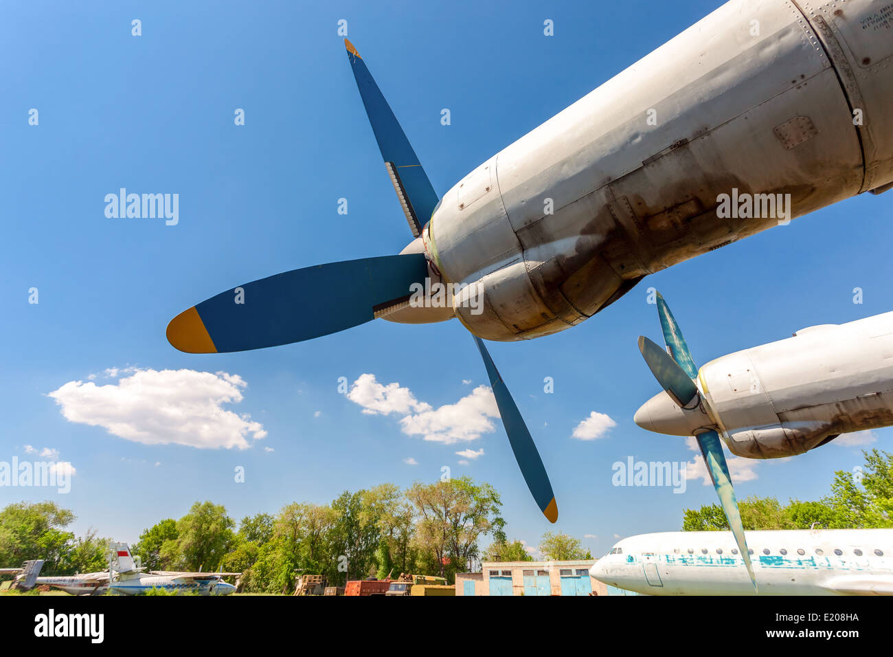 Turbines of turboprop aircraft An-12 at an abandoned aerodrome Stock ...