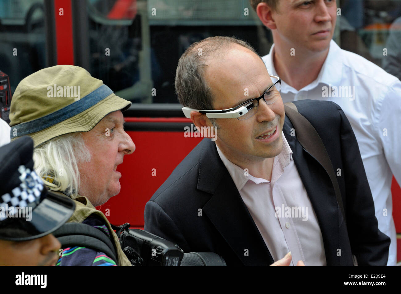 Rory Cellan-Jones, BBC's Technology Correspondent, reporting in central London, wearing Google Glass Stock Photo