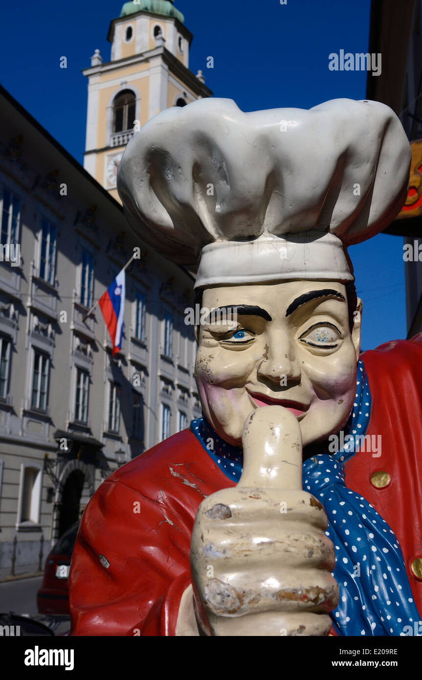 Restaurant Sign of chef giving thumbs up in Old Town of Ljubljana, Slovenia, Stock Photo
