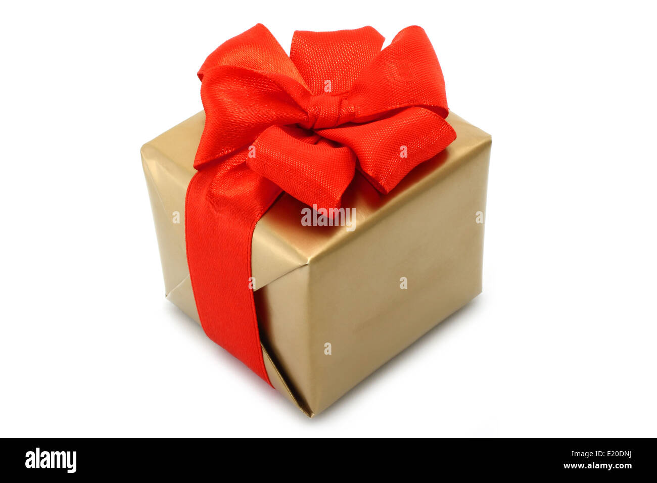Gold present box with red bow on a white background Stock Photo - Alamy