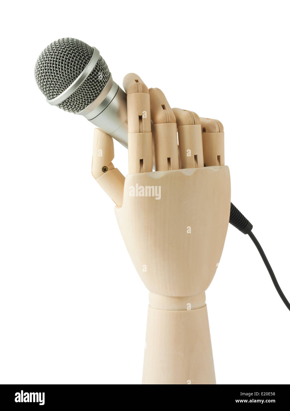 wooden hand holding a microphone Stock Photo